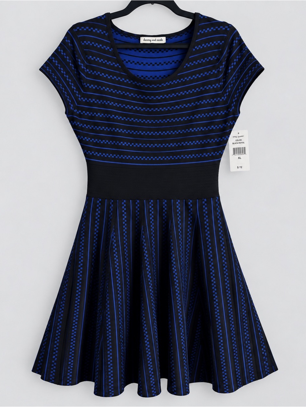 Danny & Nicole Black and Royal Blue Striped Fit-and-Flare Sweater Dress XL